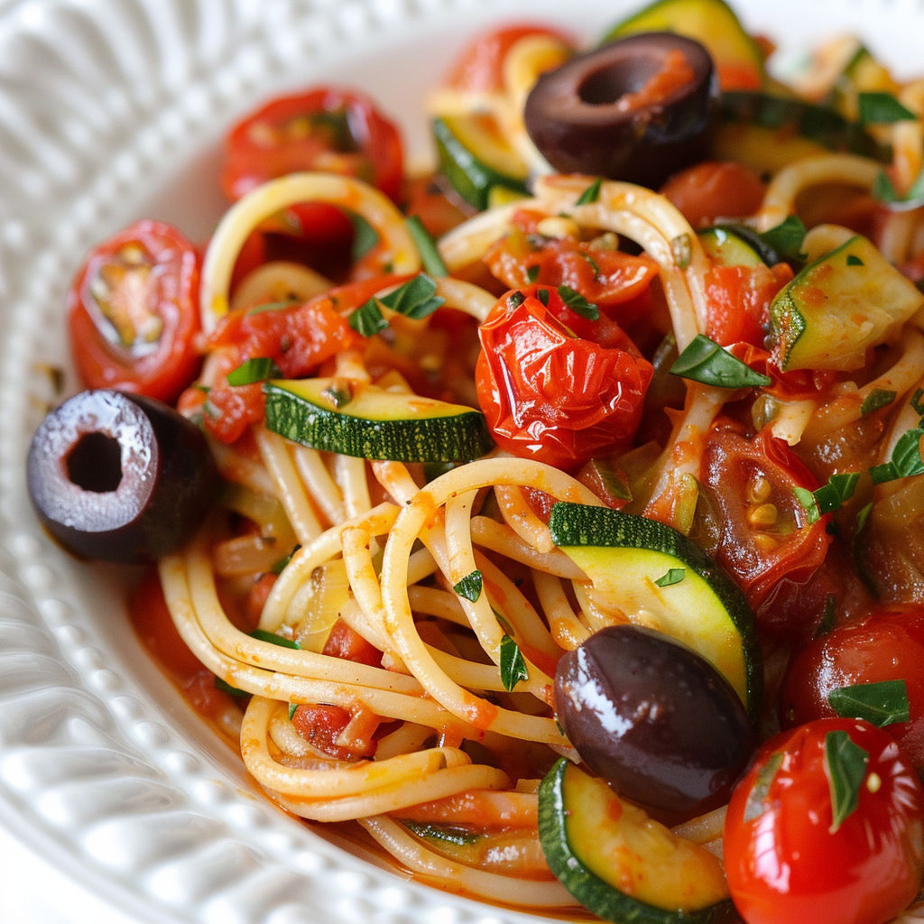 Un plat de spaghetti à la sauce tomate et aux légumes verts.