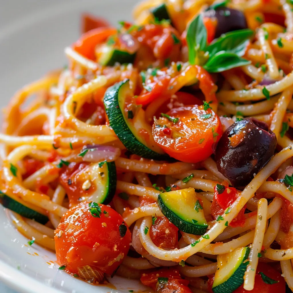Un plat de spaghetti à la sauce tomate avec des légumes frais.