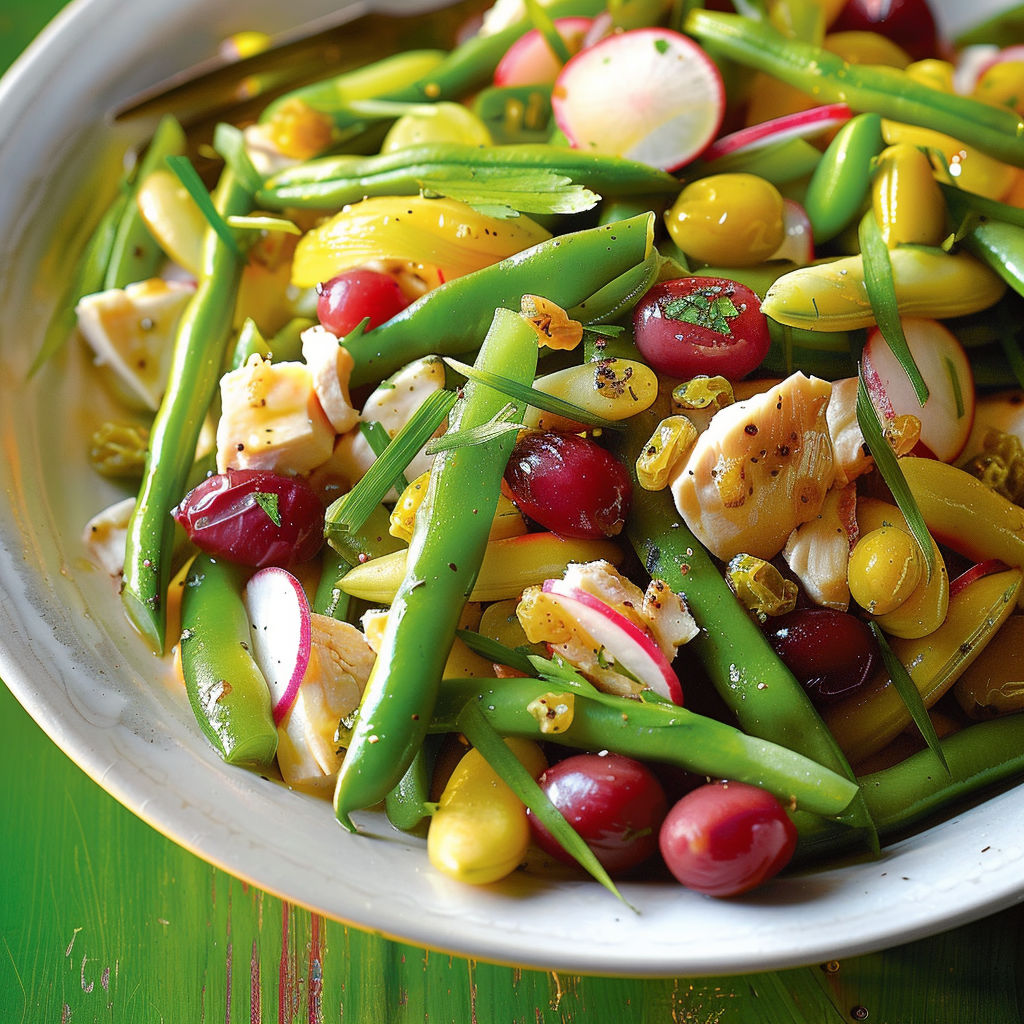 Un bol garni de légumes croquants, morceaux de poisson, tomates cerises, poivrons, avocat, cornichons et raisins bien visibles.
