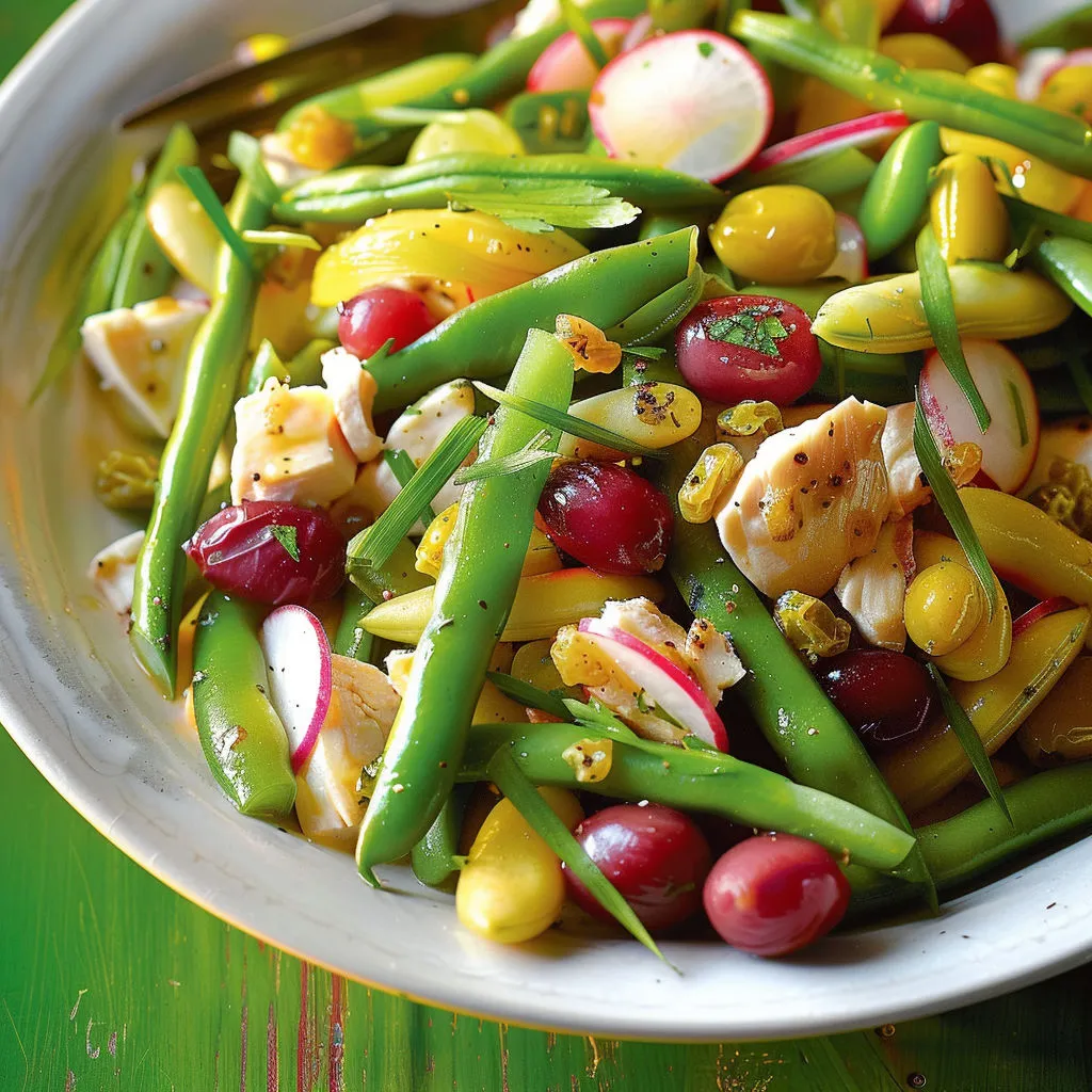 Un bol garni de légumes croquants, morceaux de poisson, tomates cerises, poivrons, avocat, cornichons et raisins bien visibles.