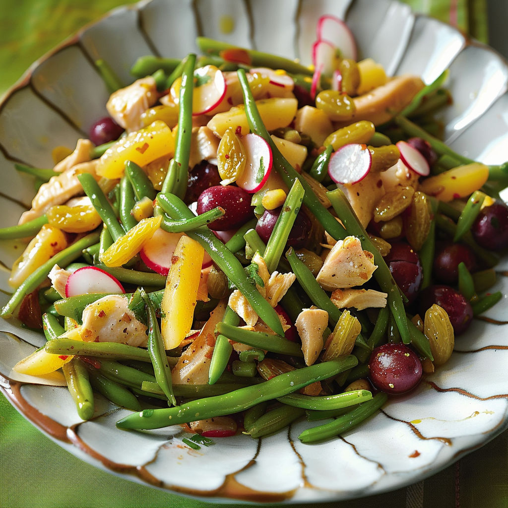 Bol en porcelaine garni de poulet, légumes verts, tomates cerises et raisins.