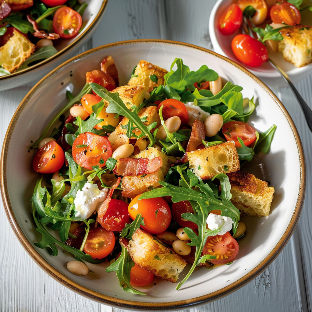 Une salade fraîche avec haricots, tomates cerises et bacon croustillant.