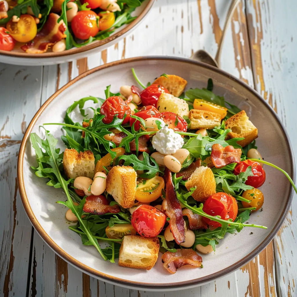 Dans un bol rustique, une salade fraîche avec tomates, quinoa, légumes colorés et pain doré.