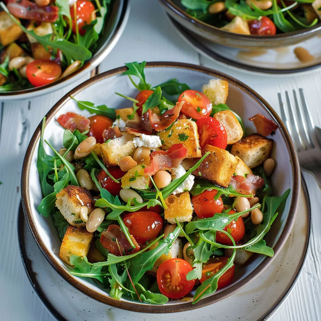 Un bol garni d’une salade avec tomates colorées, légumes verts frais et pain croustillant.