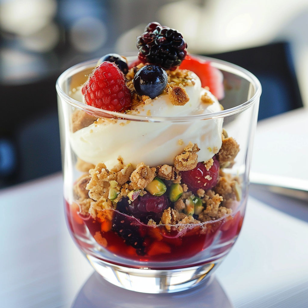 Dessert joliment présenté avec crème, pistaches et fruits frais.