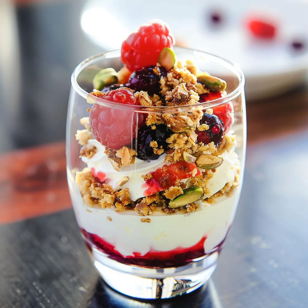 Un dessert en verre avec fraises, baies, lait et pistaches.