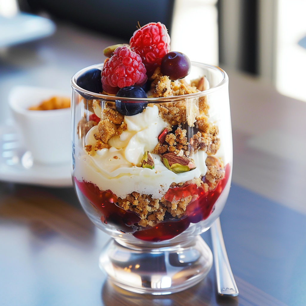 Un dessert verrine avec fruits rouges et pistaches dans un verre élégant.