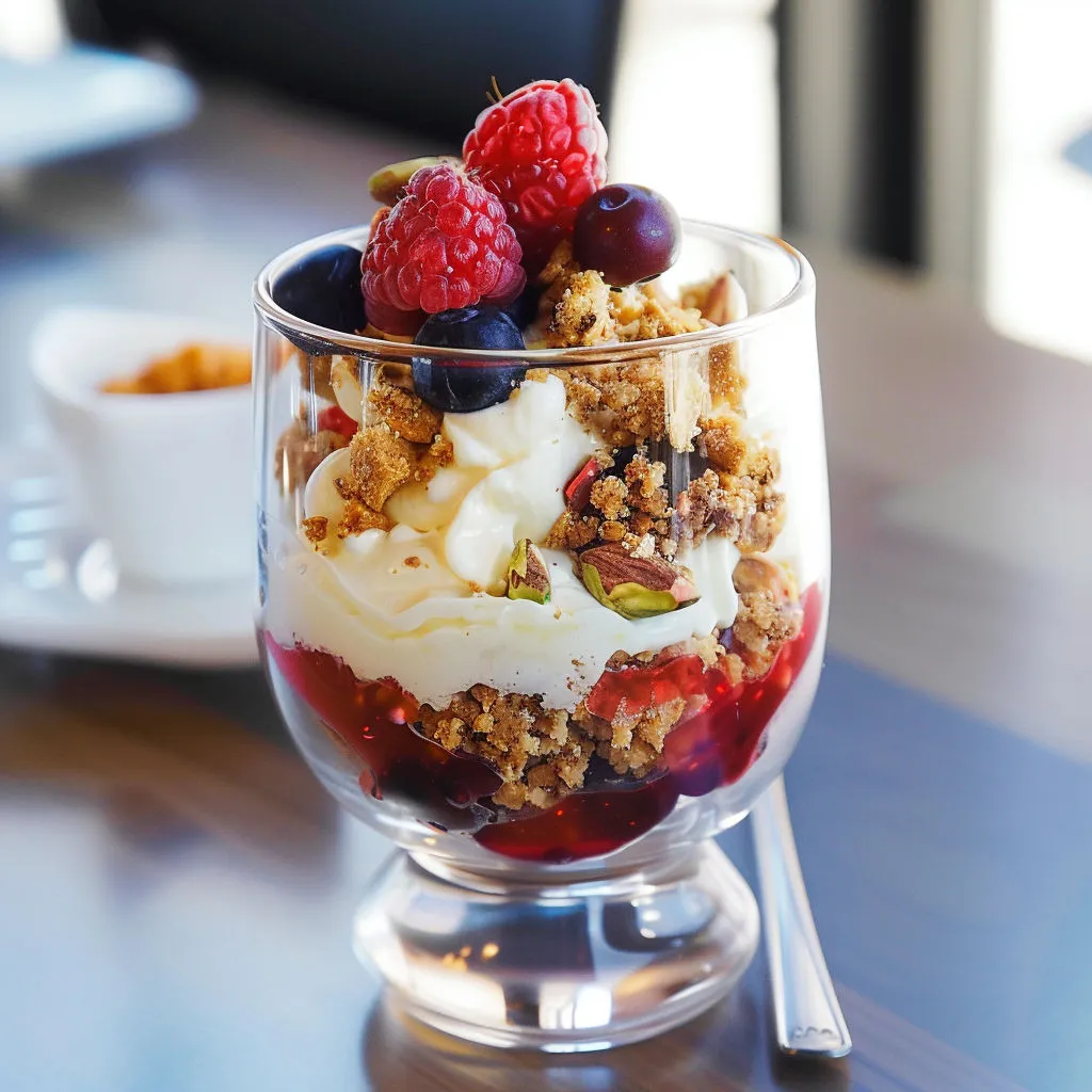 Un dessert verrine avec fruits rouges et pistaches dans un verre élégant.
