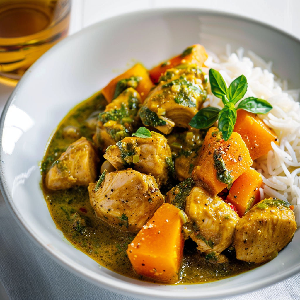 Un plat de poulet au lait de coco et courge thaï, avec légumes verts et carottes.