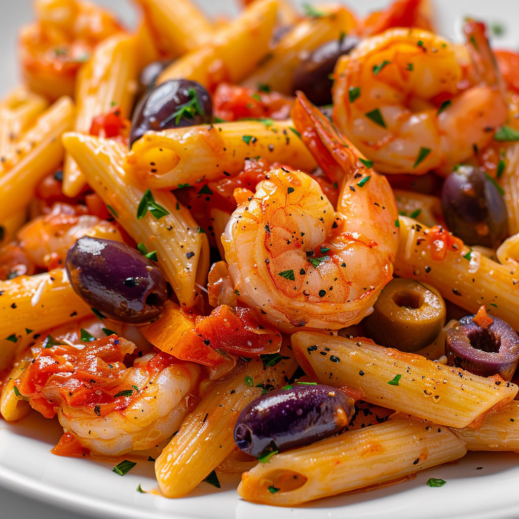 Un plat appétissant de pâtes aux crevettes, olives, et herbes fraîches, élégamment présenté.