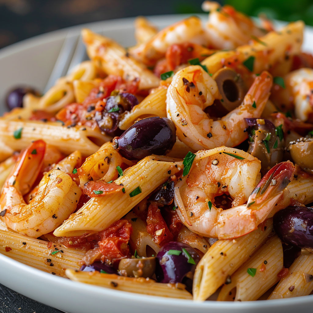 Une assiette de pâtes à la tomate avec olives et crevettes.