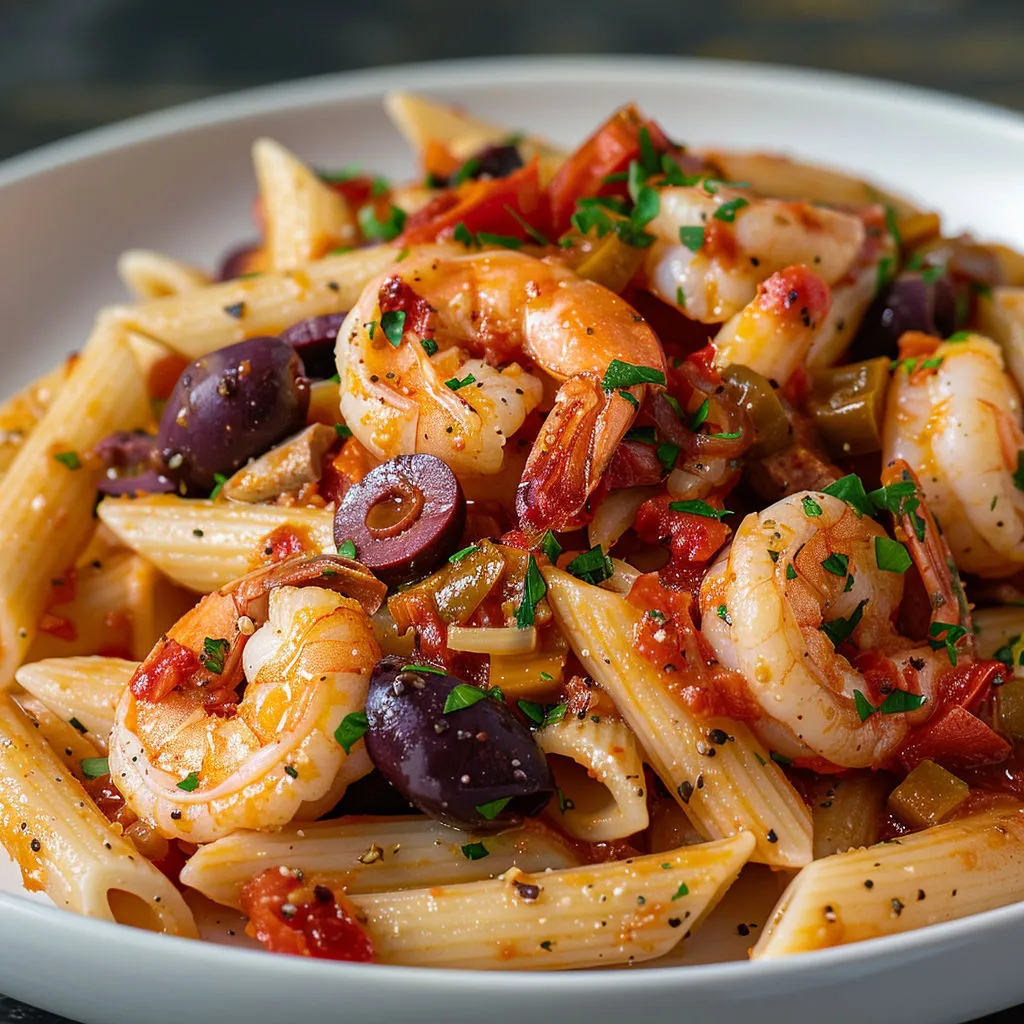 Plat de pâtes aux crevettes et olives noires.
