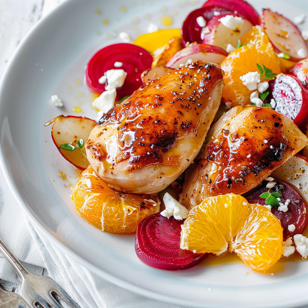 Une assiette de poulet grillé avec légumes et quartiers d’orange.