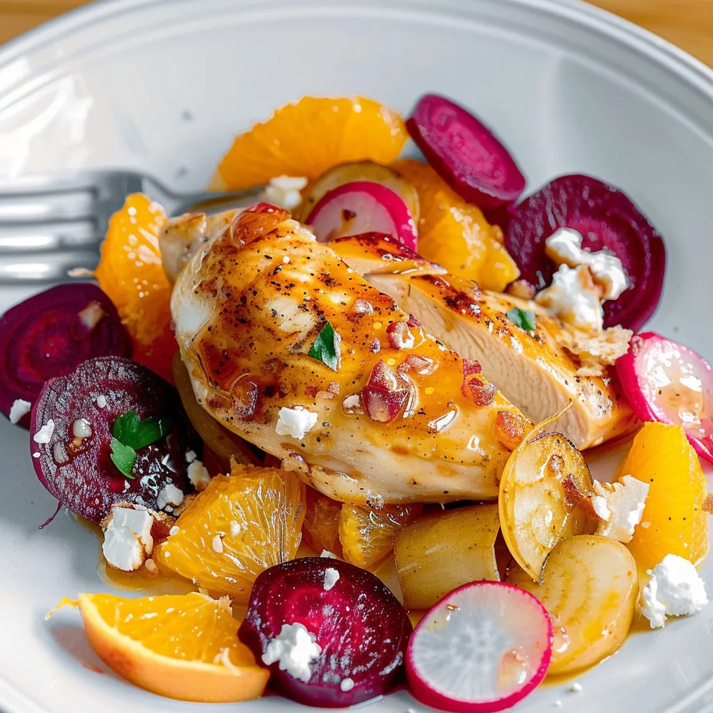 Assiette de poulet grillé aux oranges et radis.