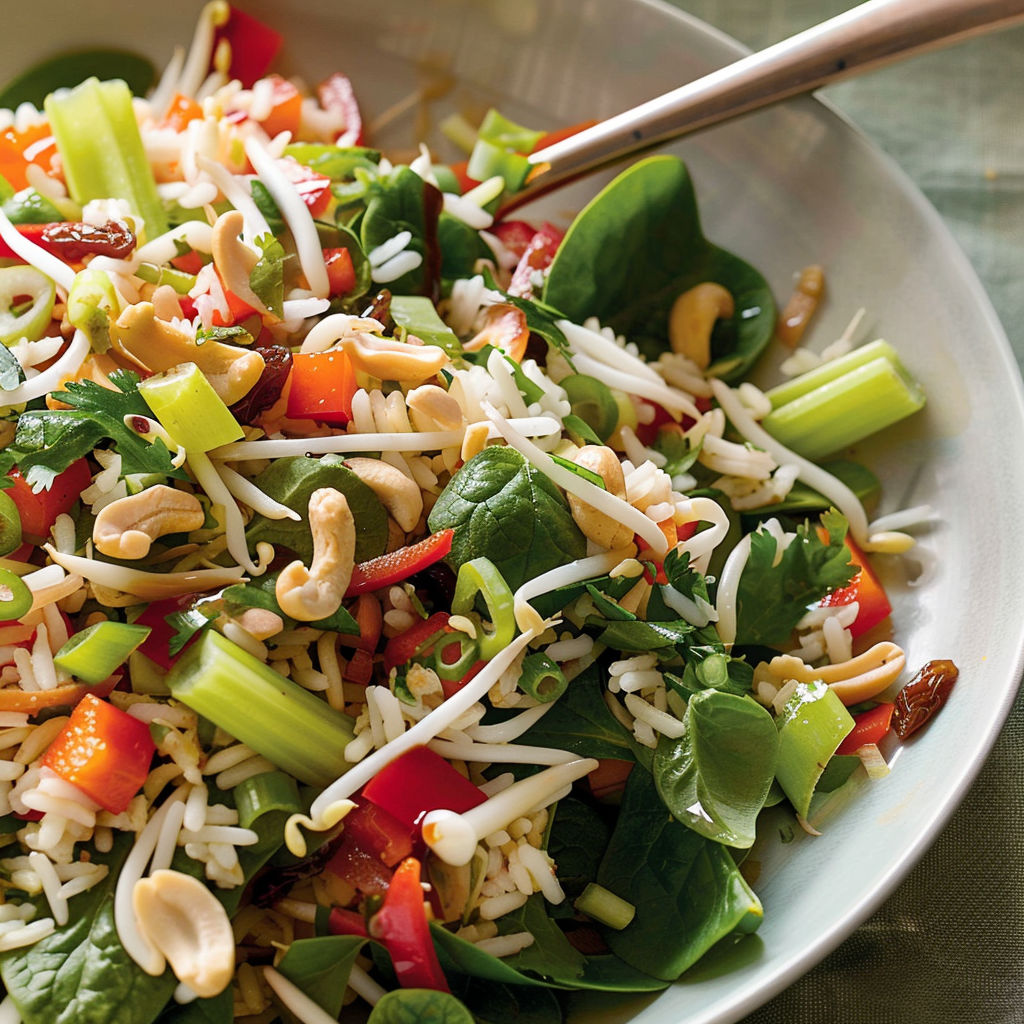 Mélange croquant d’épinards, légumes frais et noix de cajou.