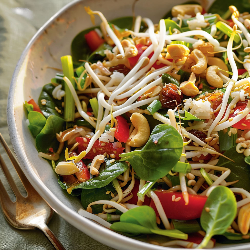 Un bol rempli de salade croquante avec des légumes, note asiatique et noix de cajou.