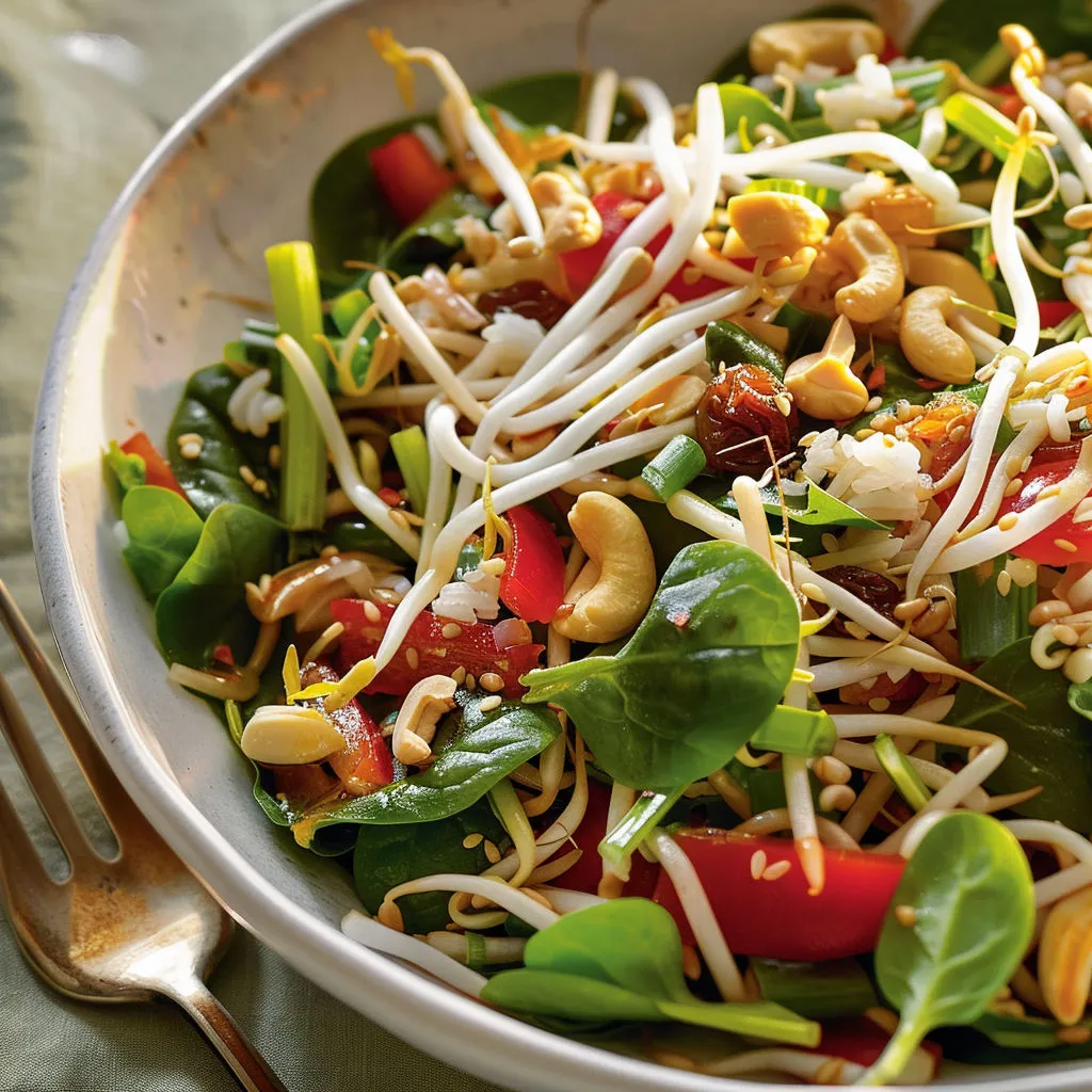 Un bol rempli de salade croquante avec des légumes, note asiatique et noix de cajou.