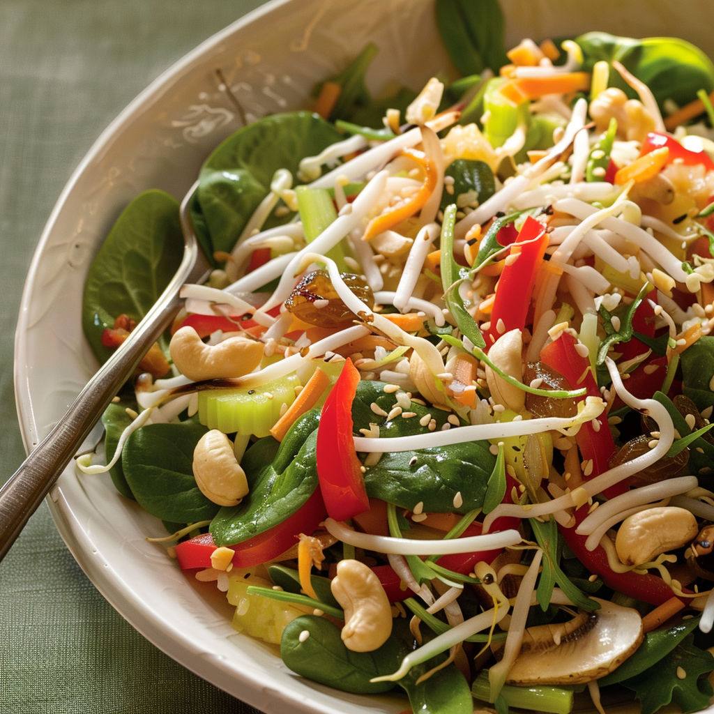 Bol de salade joyeuse avec gingembre, miel et noix de cajou, super colorée.