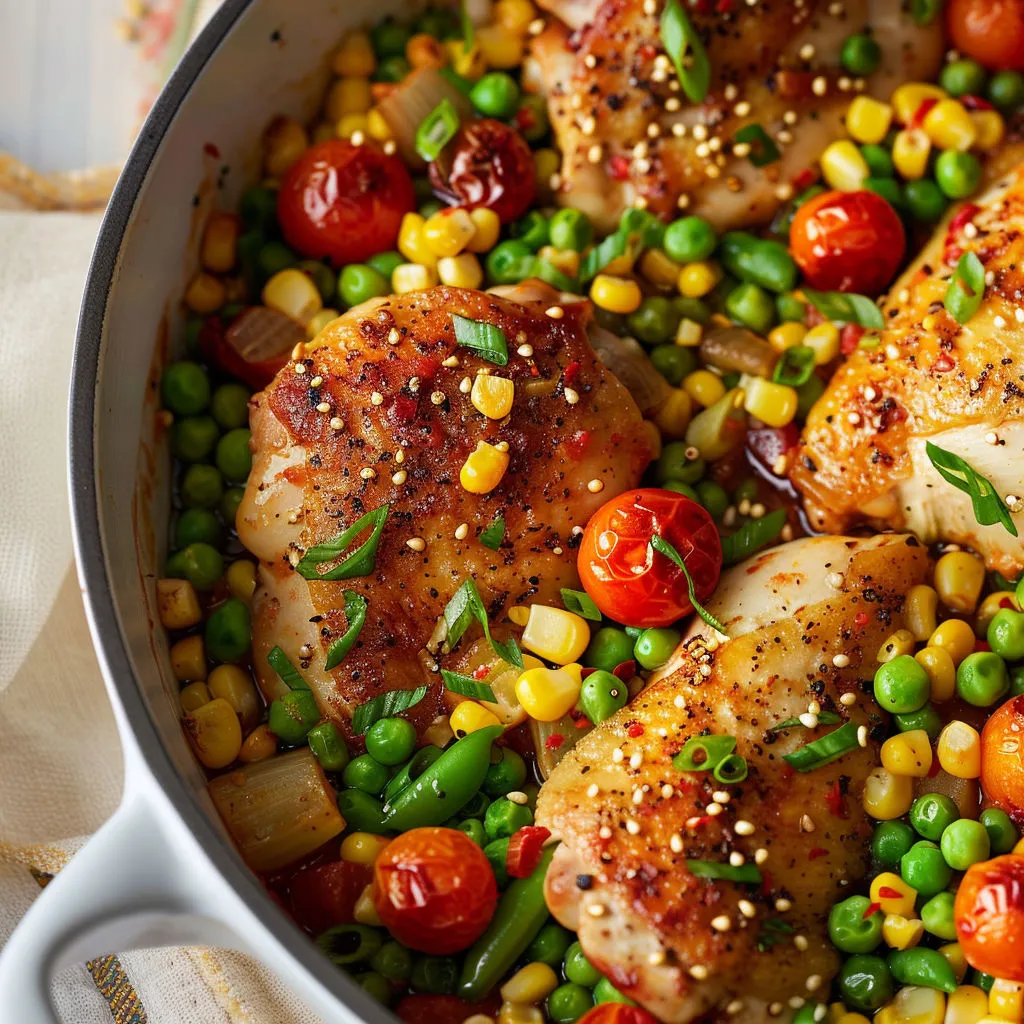 Un mijoté de poulet épicé avec des légumes croquants, maïs et tomates façon succotash, servi à table.