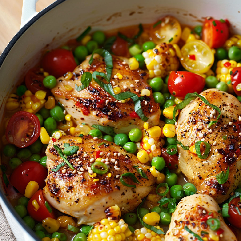 Un bol garni de poulet parfumé aux épices, légumes croquants et tomates, posé sur une grande table conviviale.