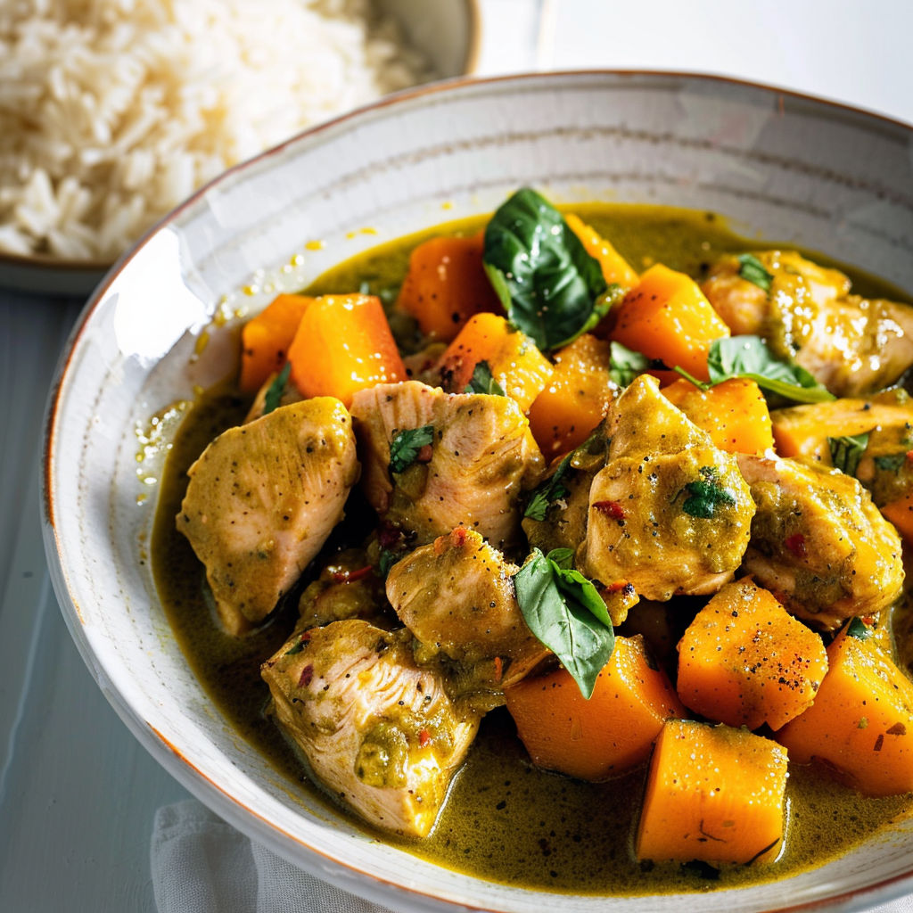 Une assiette de poulet bien moelleux et de morceaux de courge au lait de coco sur la table.
