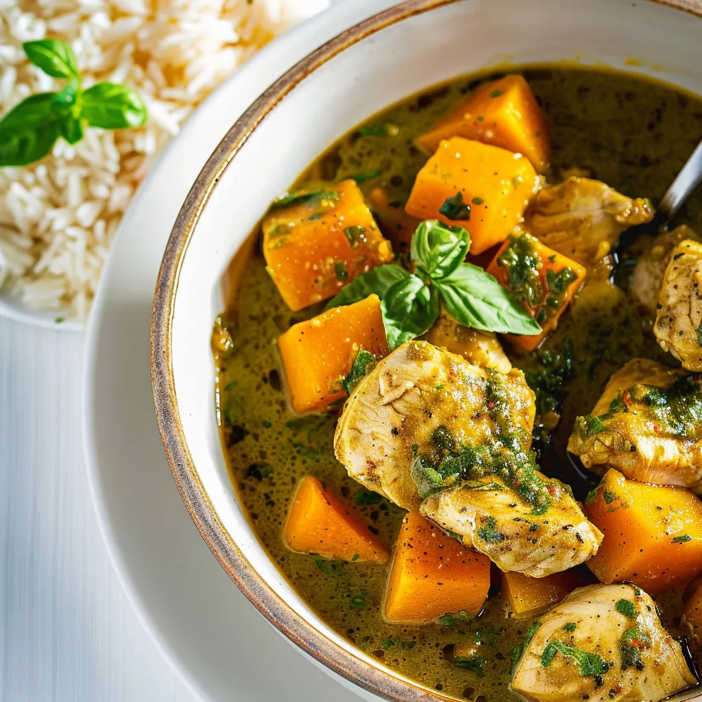 Un grand bol de poulet au curry vert maison et butternut.