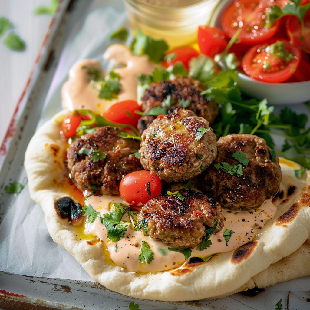 Plat de naan garni de keftas de boeuf et tomates fraîches.