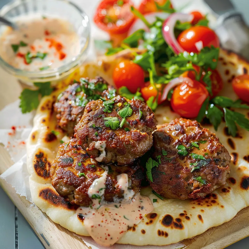 Une grande plaque de naan avec plein de keftas de bœuf épicées et leur sauce au yaourt.