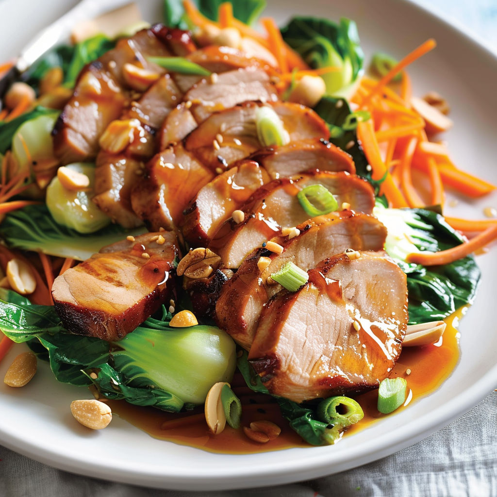 Un plat de bok choy croquant et filet de porc en tranches fines, avec une vinaigrette teriyaki maison.
