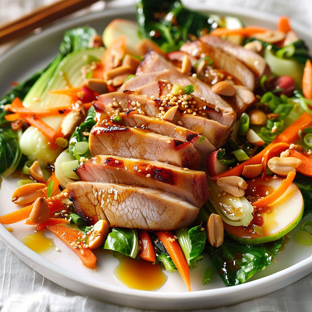 Assiette fraîche avec filet de porc, bok choy, sauce teriyaki et légumes croquants.