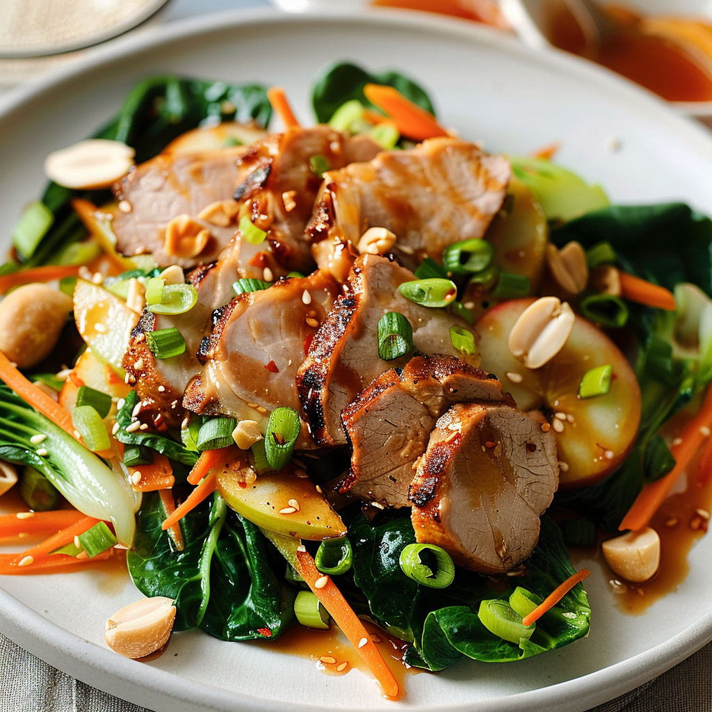 Salade de filet de porc rôti, bok choy et légumes croquants en présentation appétissante.