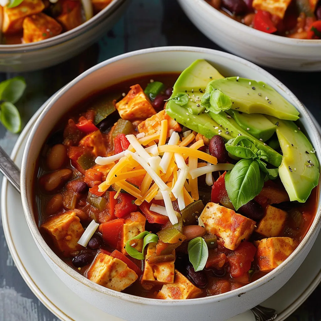 Chili végétarien au tofu dans un bol, légumes variés et avocat frais.