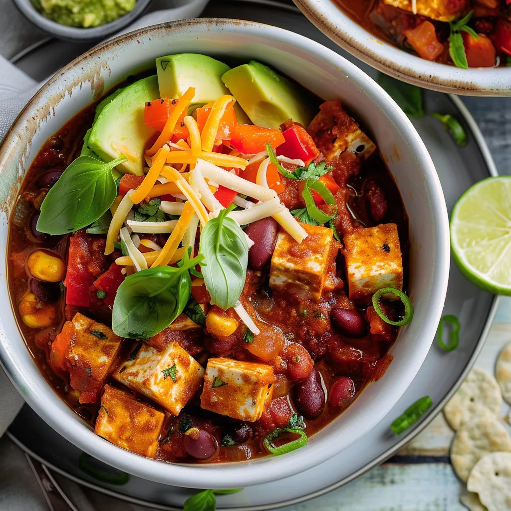 Bol généreux de chili pimenté et sa salade d’avocat au basilic.
