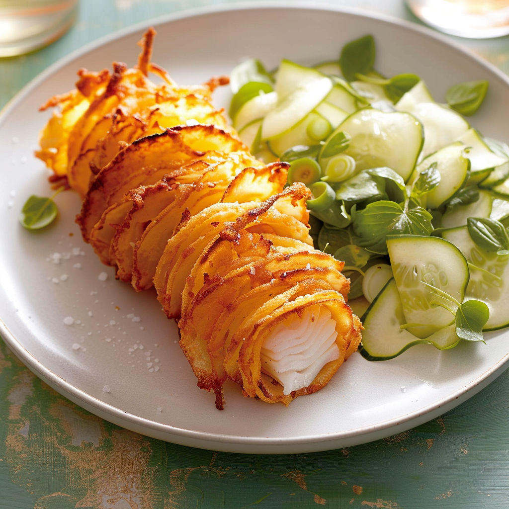 Filet de morue doré avec spirales de pomme de terre et salade croquante.