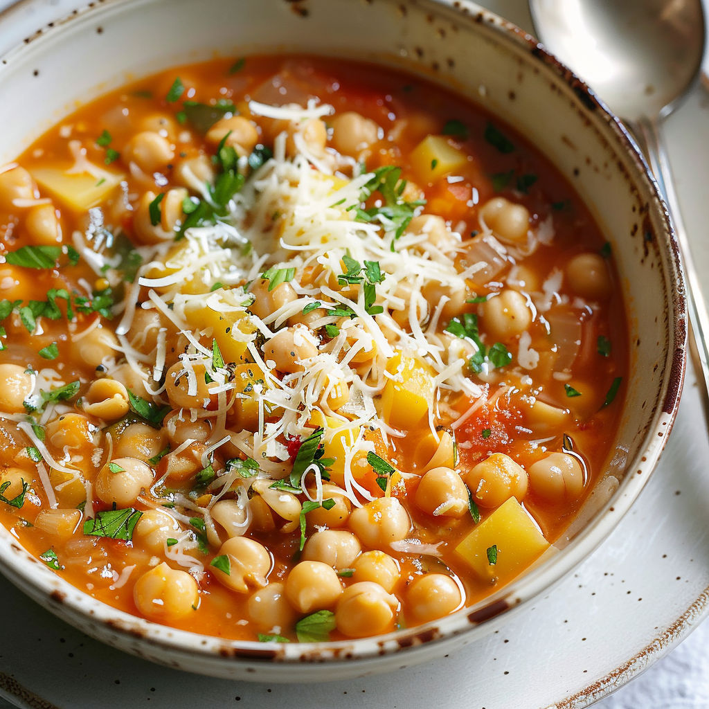 Bol de soupe chaude aux pois chiches et pâtes.