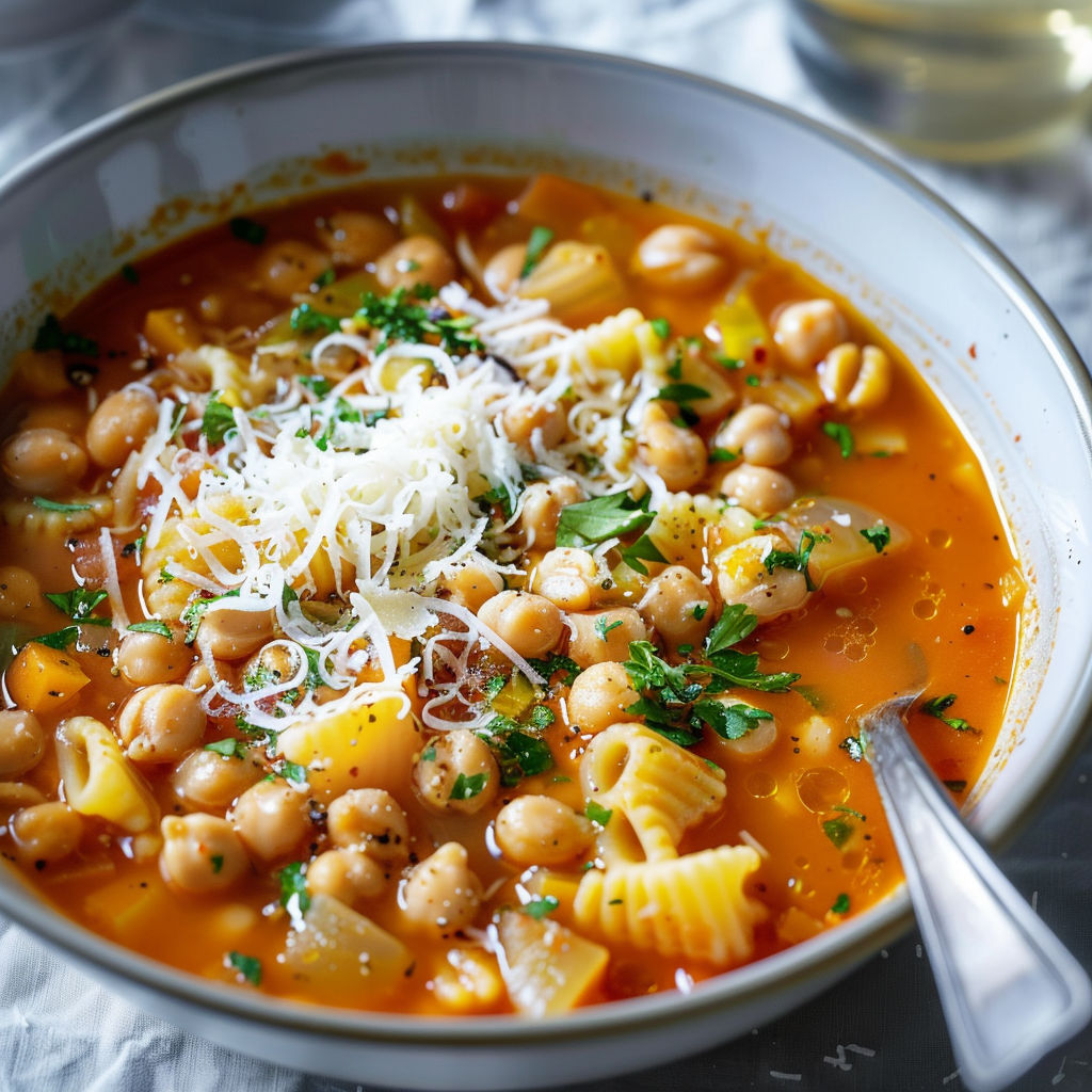 Bol garni de soupe de haricots, petites pâtes, herbes et fromage frais râpé.