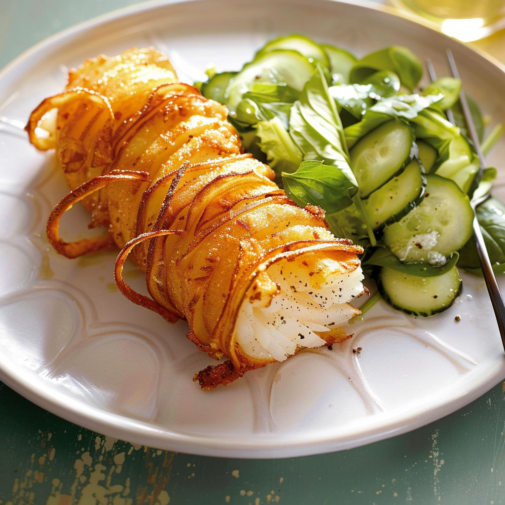 Morue en spirale de pomme de terre avec salade de concombre toute fraîche, servie sur grand plat.