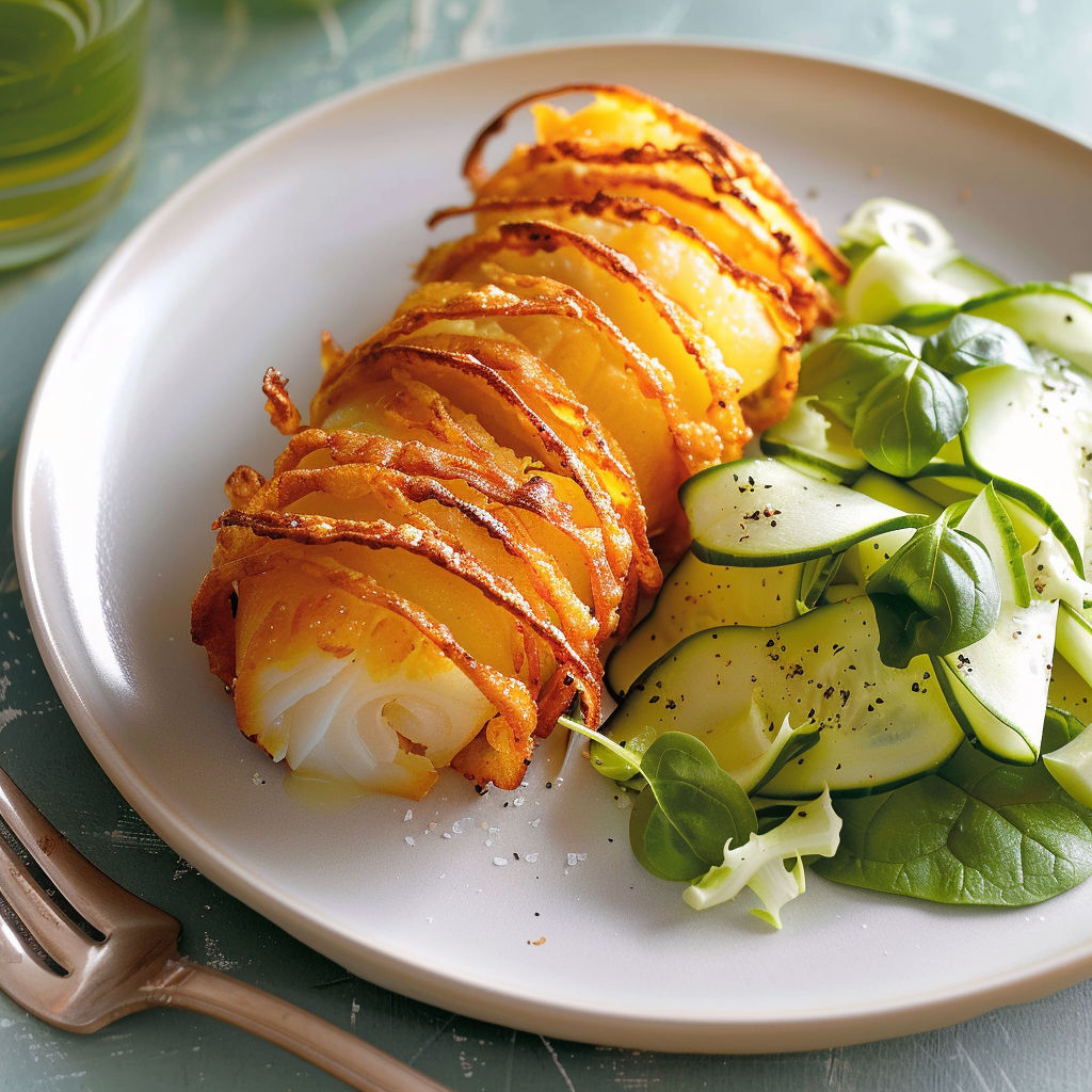 Morue en habit croustillant de pommes de terre, avec salade verte acidulée en accompagnement.