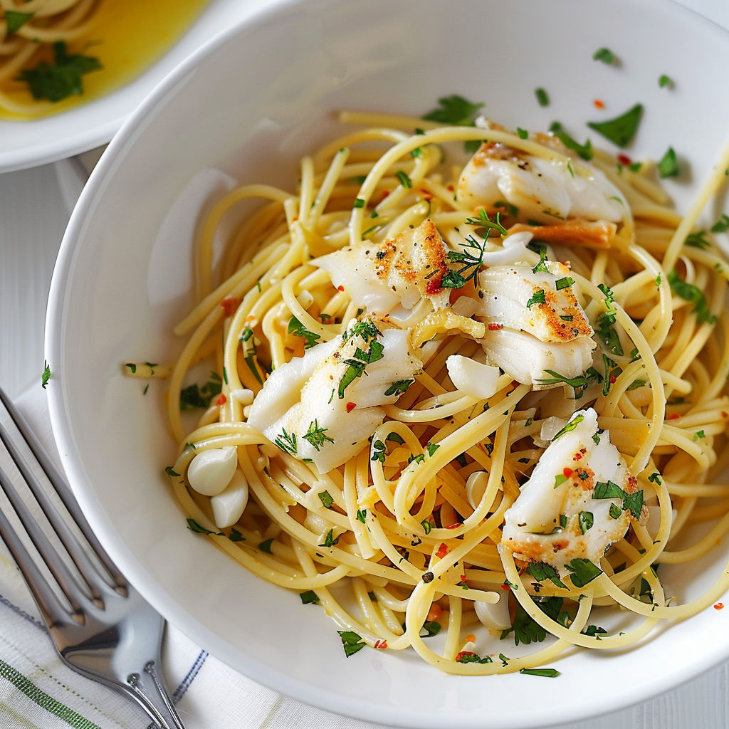 Une assiette de spaghettis agrémentée d'aiglefin et de citron, posée sur une table.