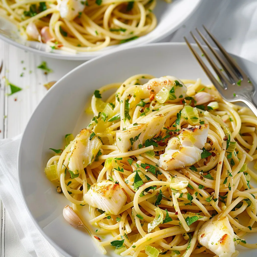 Une assiette de spaghettis aux crevettes et herbes fraîches.