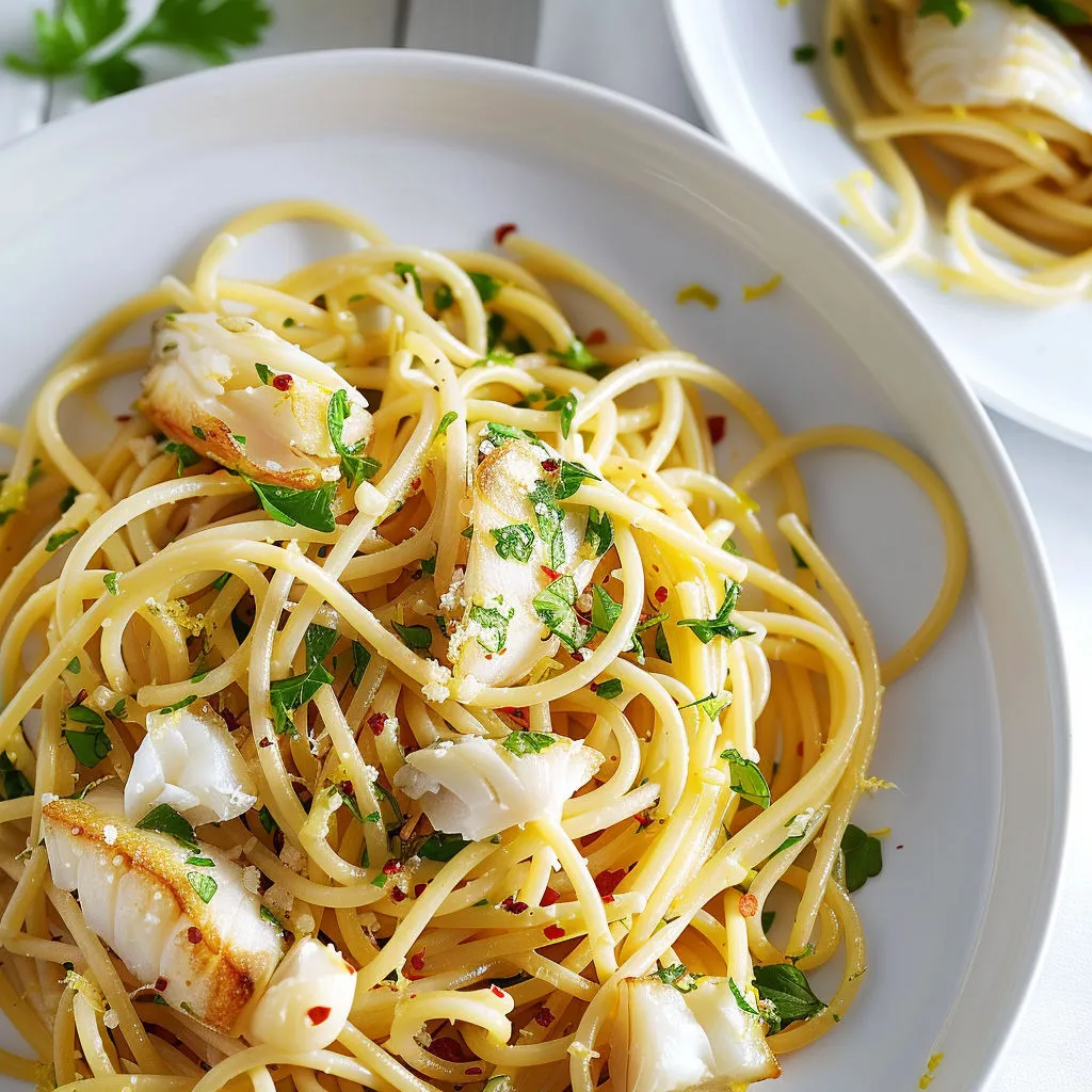 Une assiette de spaghettis au poisson et herbes fraîches.