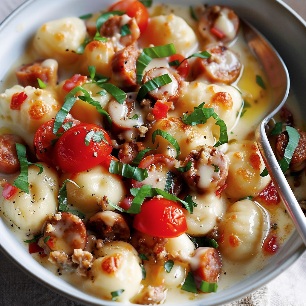 Un plat appétissant de gnocchis avec du fromage fondu, des saucisses et des herbes fraîches.