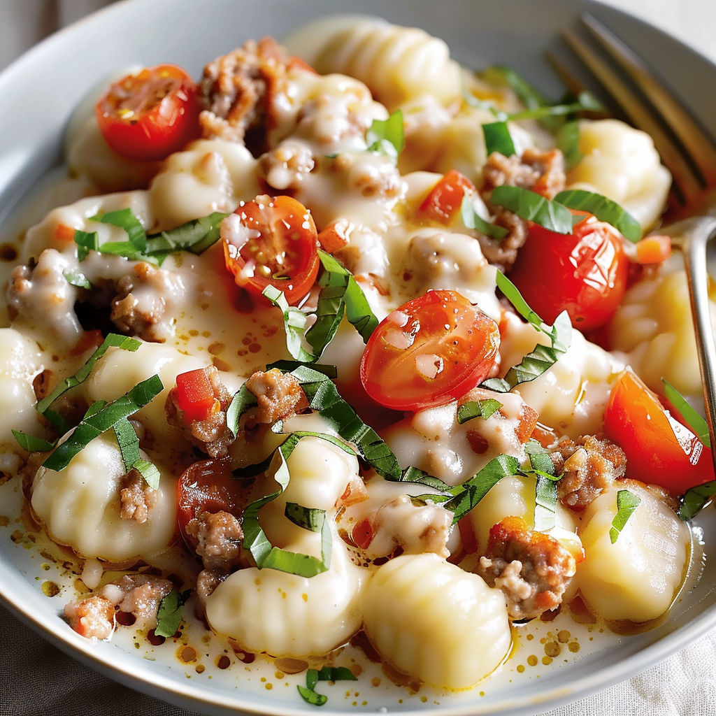 Gnocchis fondants au fromage et saucisse grillée avec quelques tomates, prêts à être dégustés à la fourchette.
