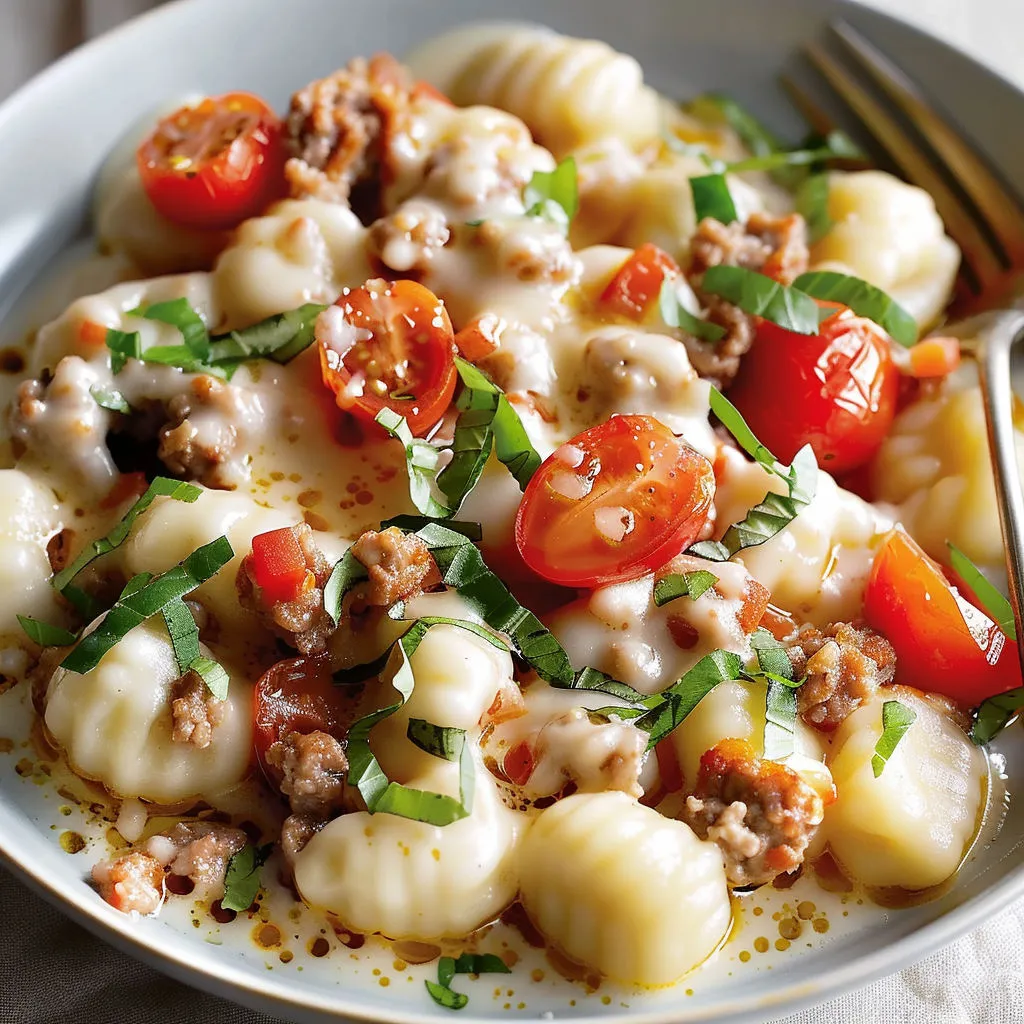 Gnocchis fondants au fromage et saucisse grillée avec quelques tomates, prêts à être dégustés à la fourchette.