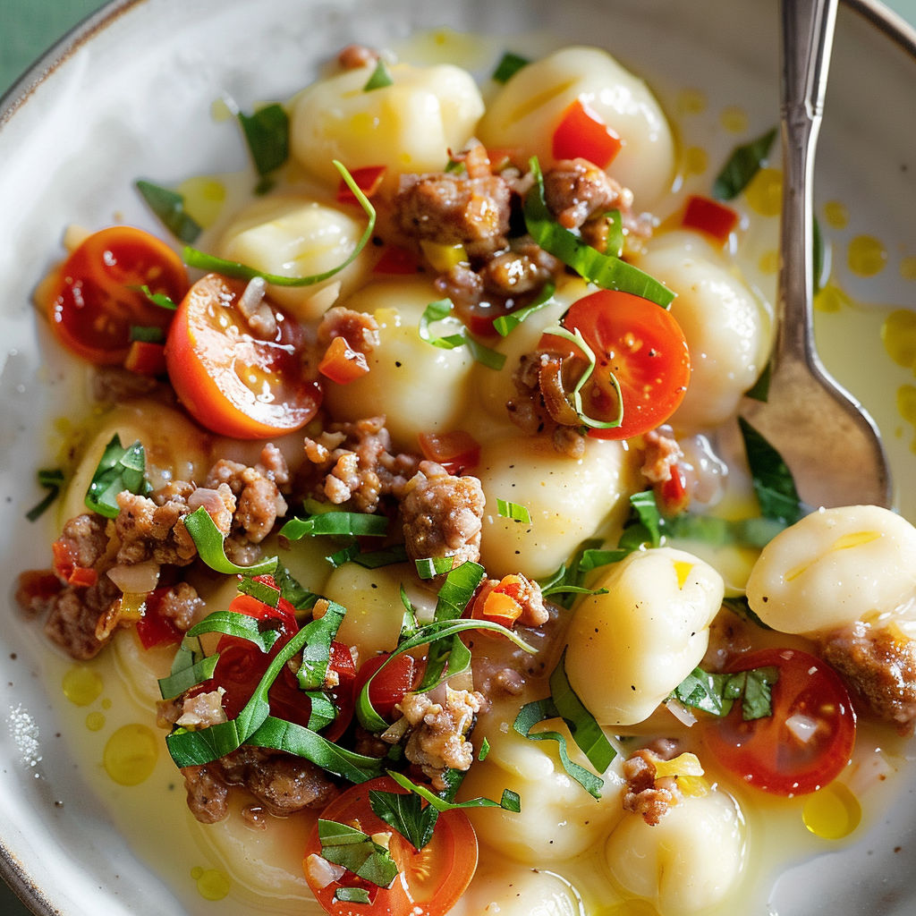 Gnocchis à la saucisse, tomates rôties et sauce crémeuse servis à la cuillère.