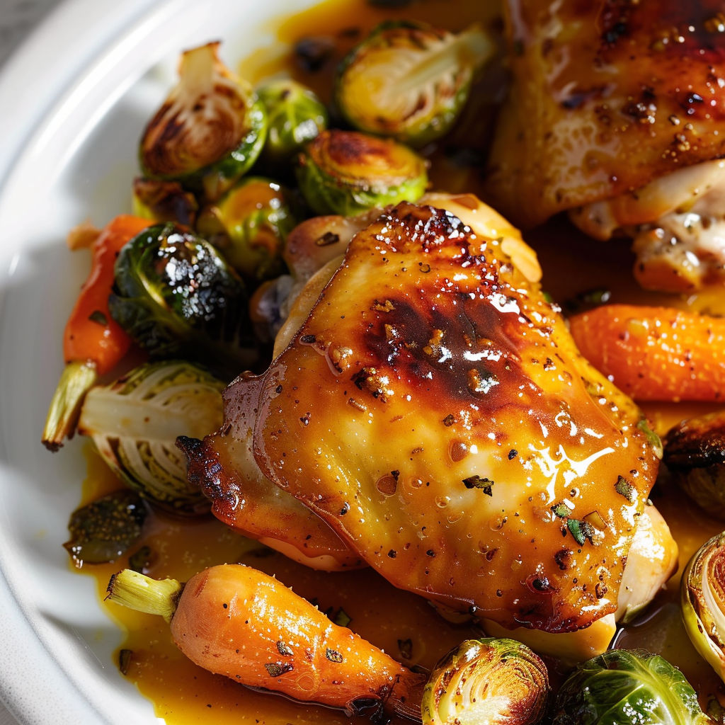 Poulet grillé et doré avec carottes et légumes verts, arrosé de sauce miel-moutarde.