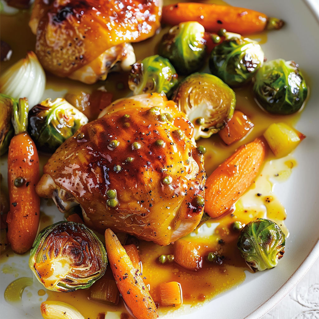 Plat de poulet aux légumes comme carottes et choux, servi façon familiale.