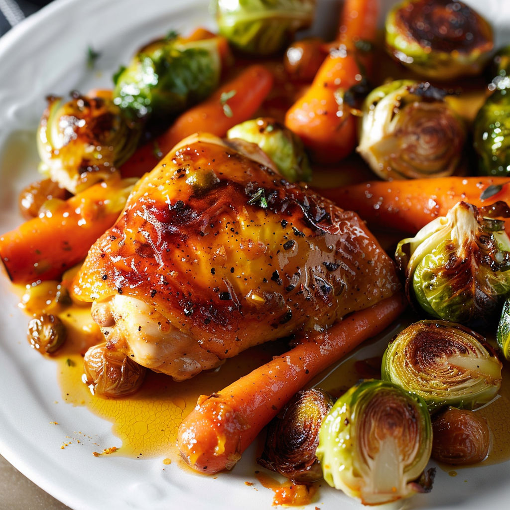 Poulet grillé accompagné de légumes verts et carottes, l’ensemble joliment présenté.