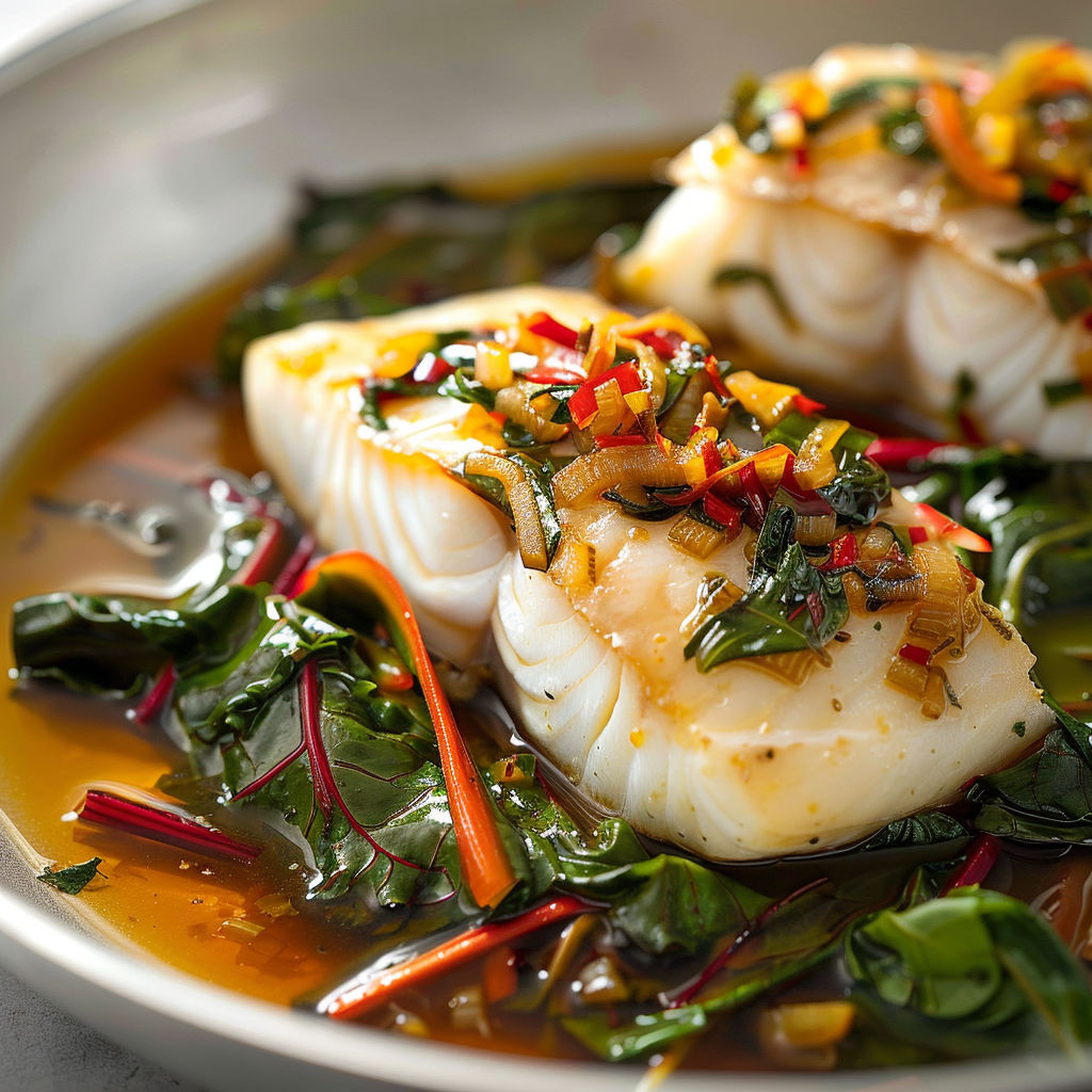 Poisson blanc tendre au bouillon gingembre avec bettes croquantes.