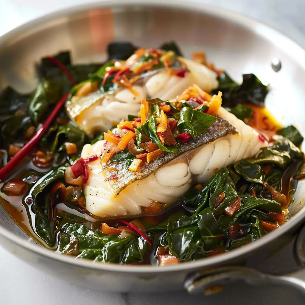 Des légumes et du poisson mijotant dans une poêle avec une sauce colorée.